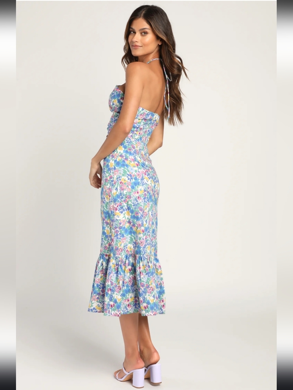 Lulus Stun The Scene Blue Multi Floral Print Drawstring Halter Midi Dress - Picture 2 of 10